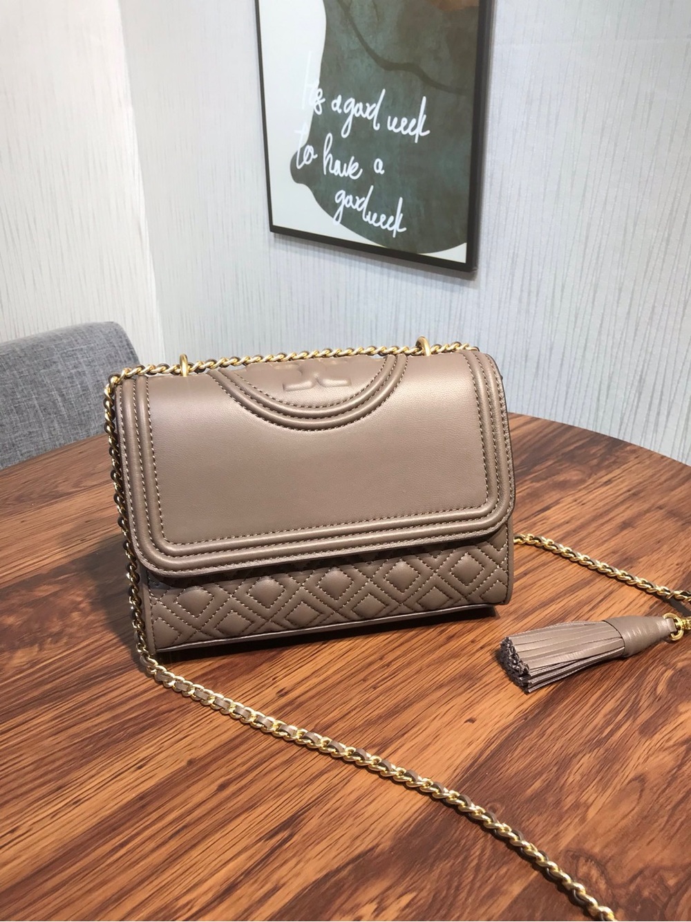 Tory Burch Quilted Taupe Crossbody with Gold Chain
